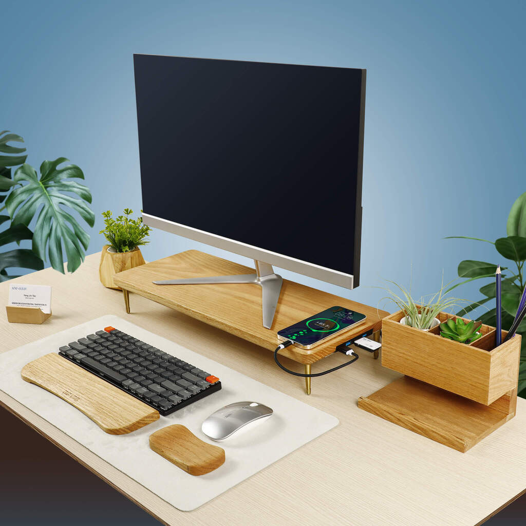 Red Oak Wood Monitor Stand With USB Ports