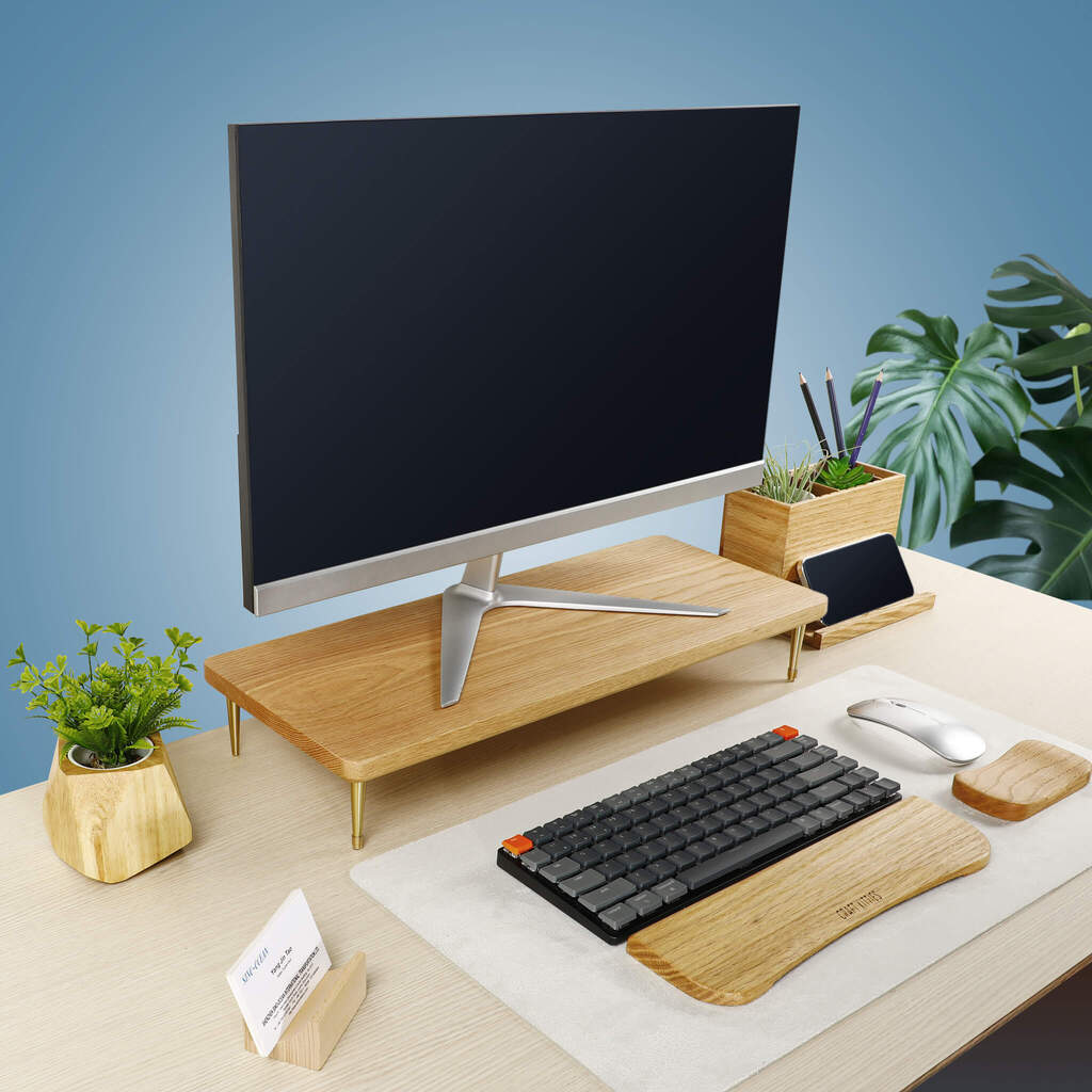 Red Oak Wood Monitor Stand With USB Ports