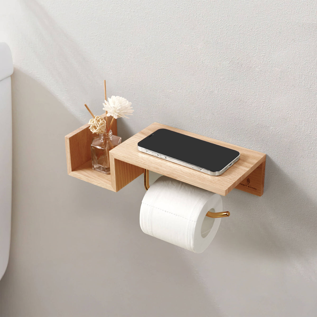 Red Oak Toilet Paper Holder With Shelf