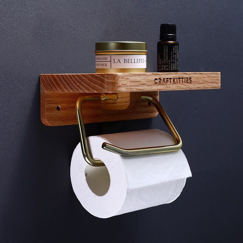 Wall-Mount-Toilet-Paper-Holder-With-Red-Oak-Wooden-Shelf-For-Bathroom-Double-Brass-Tube