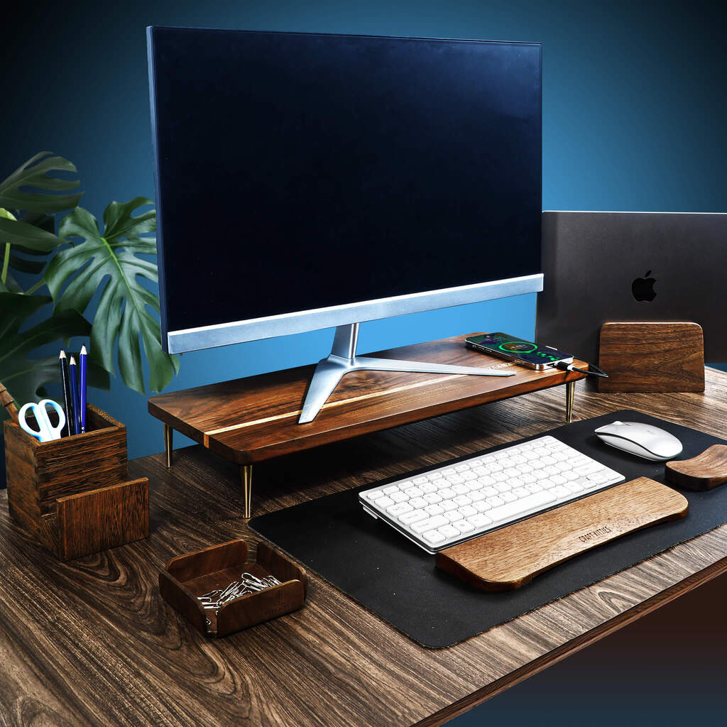 Walnut-Splicing-Wood-Monitor-Stand-With-USB-Ports