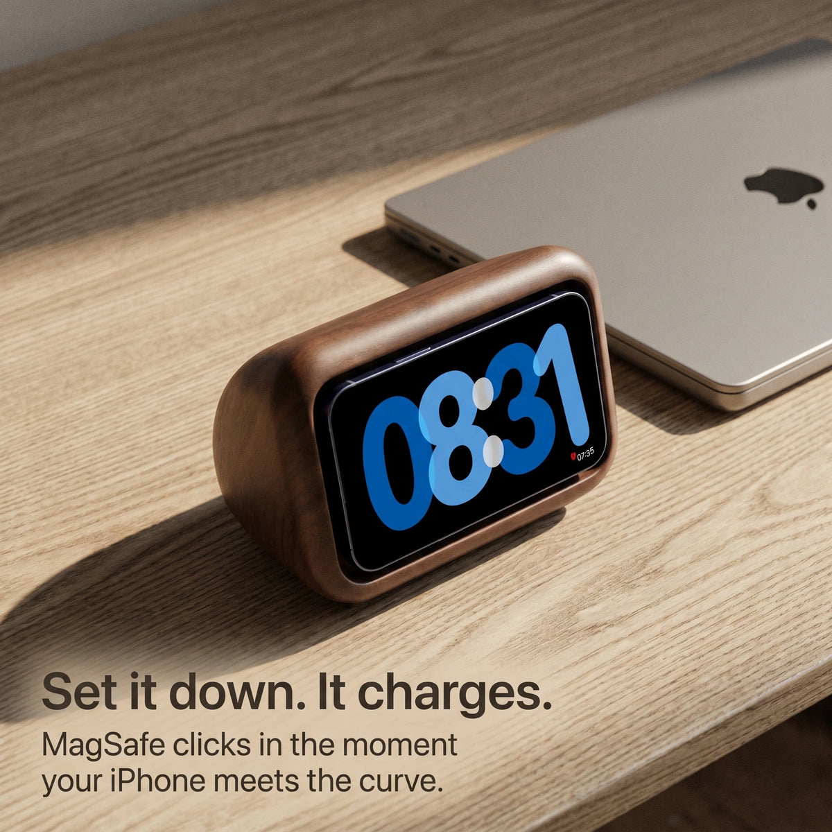 Retro Clock MagSafe Stand — Wood-Look Phone Dock