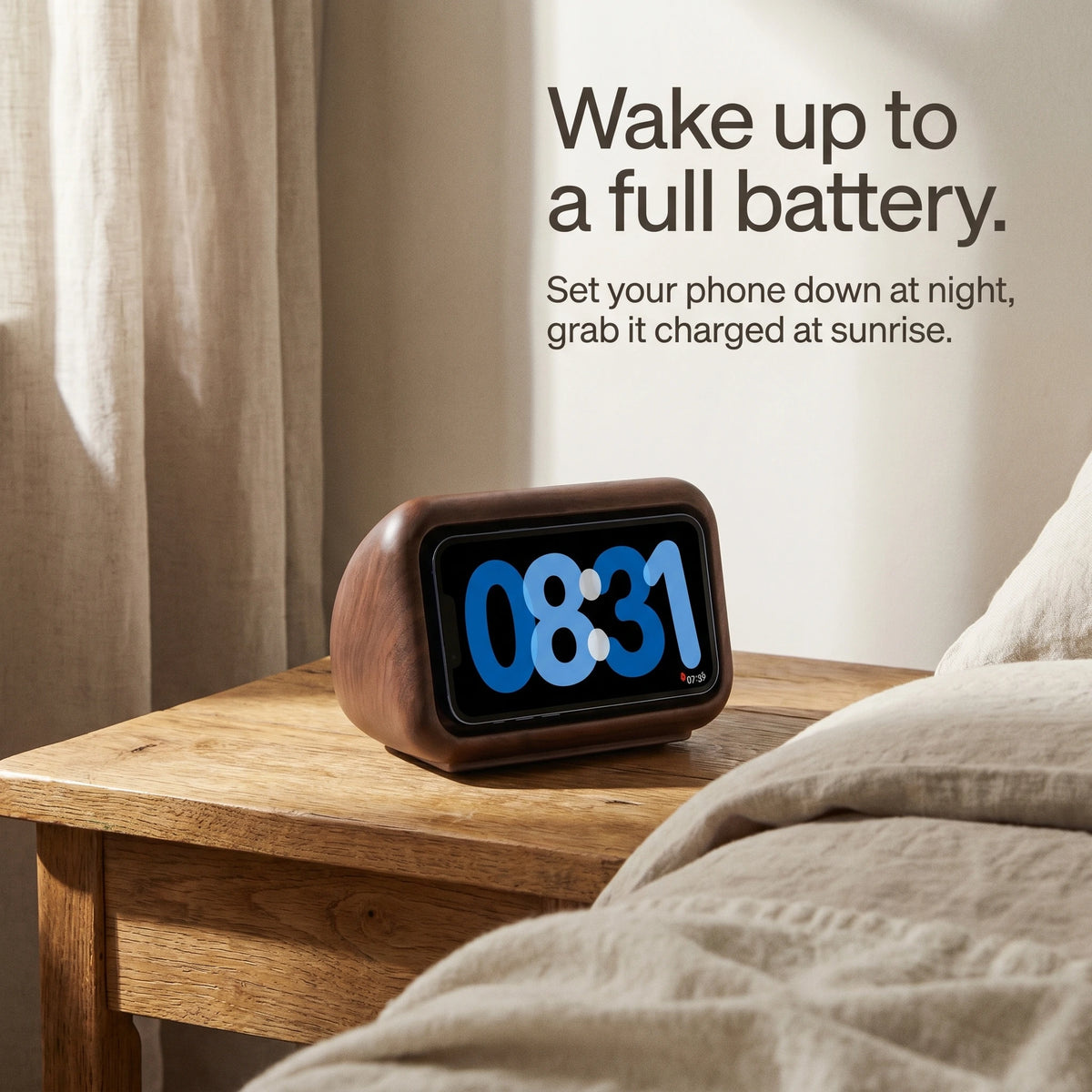 Retro Clock MagSafe Stand — Wood-Look Phone Dock