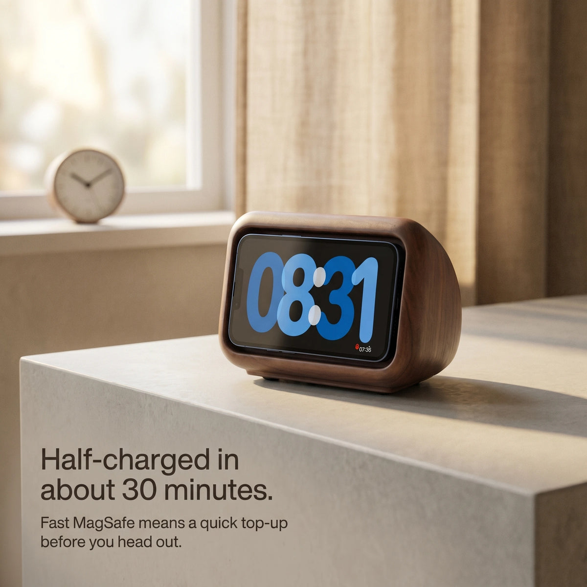 Retro Clock MagSafe Stand — Wood-Look Phone Dock