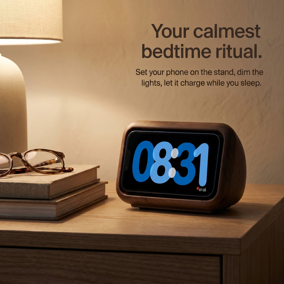 Retro Clock MagSafe Stand — Wood-Look Phone Dock