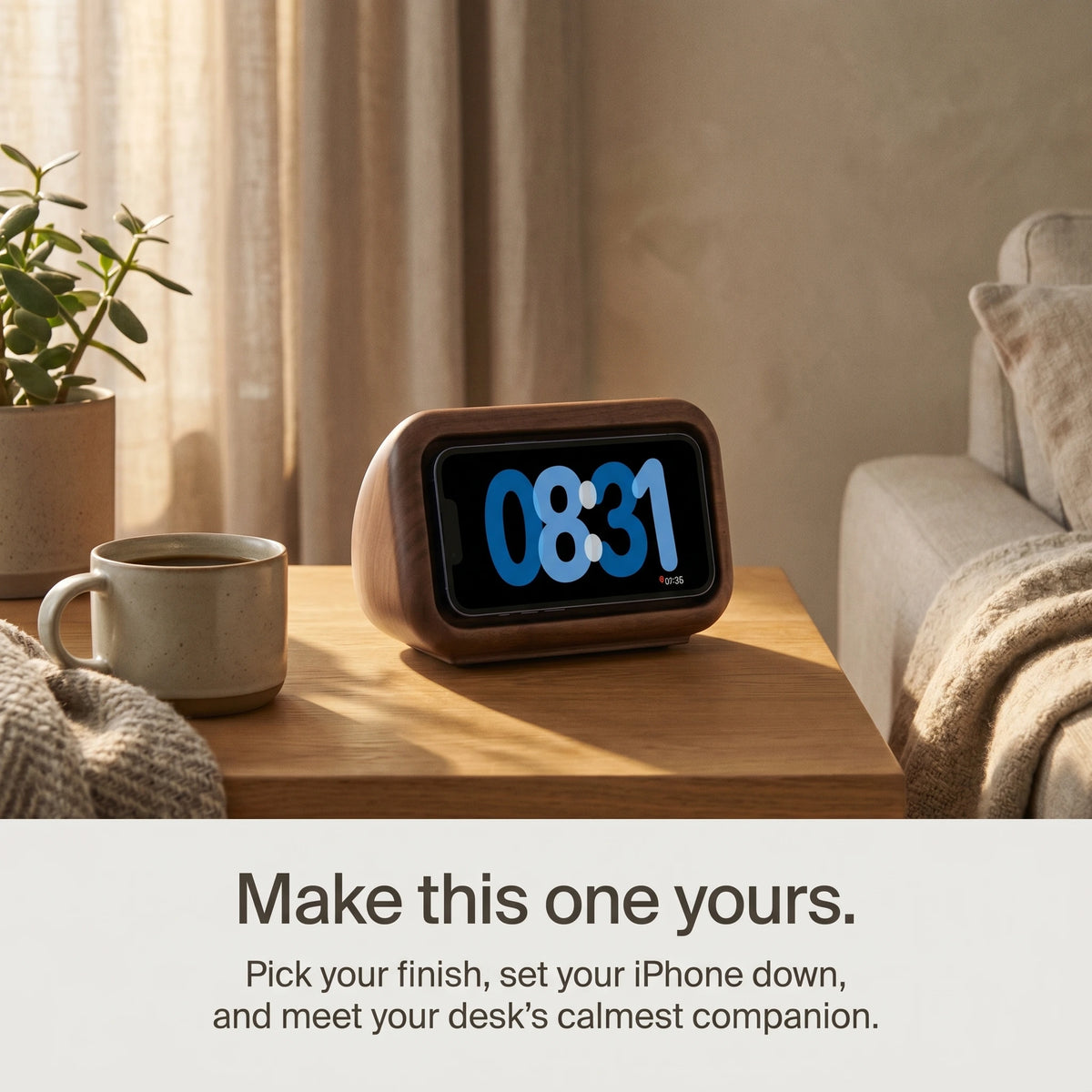 Retro Clock MagSafe Stand — Wood-Look Phone Dock