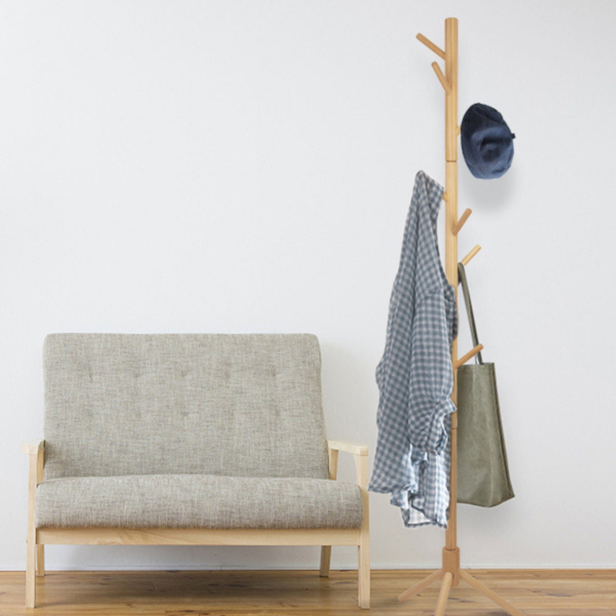 Freestanding Wood Coat Rack — Solid Beech, Height Adjustable