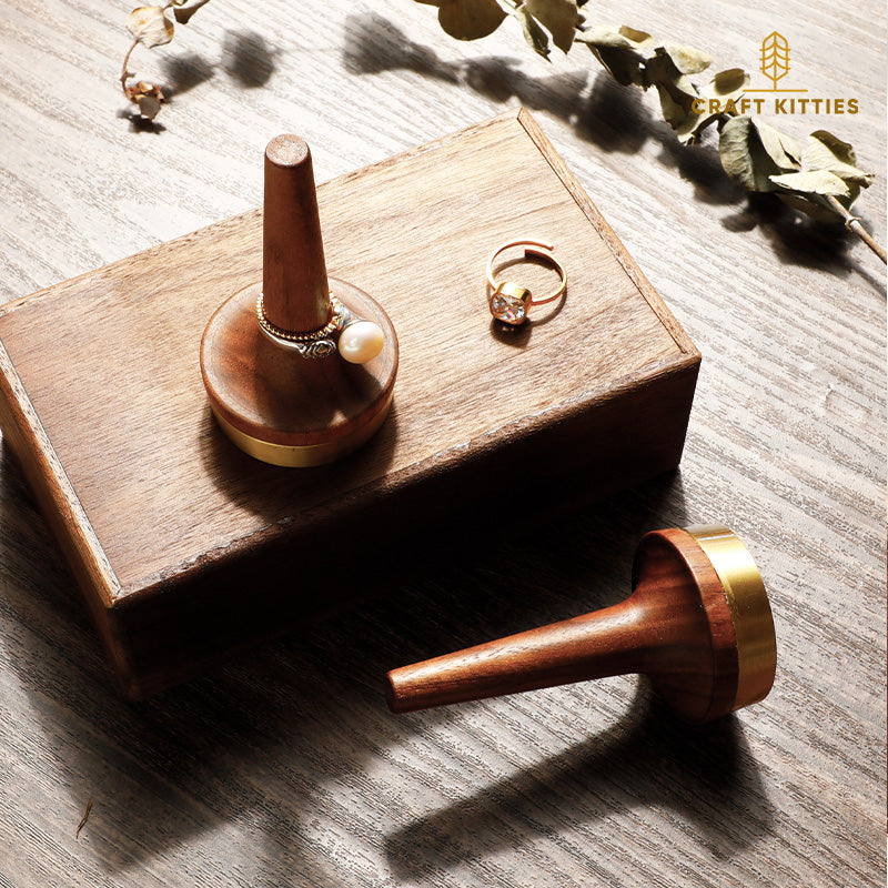 Walnut Wood Ring Holder with Solid Brass Base