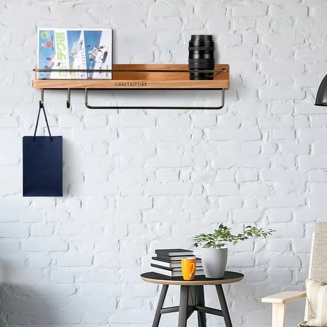Wood Bathroom Wall Shelf with Towel Bar & Hook — Walnut