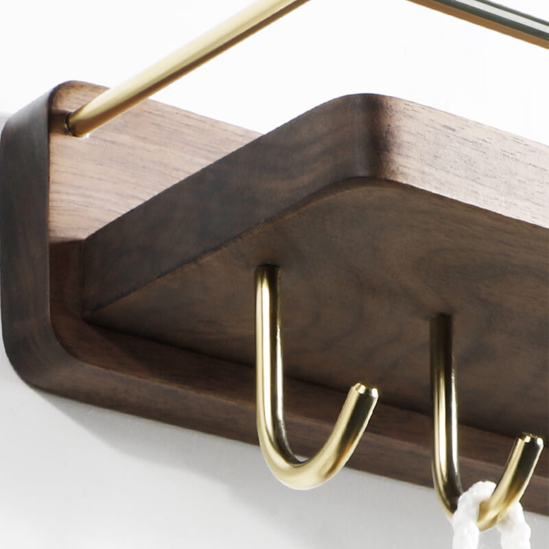 Wood Bathroom Wall Shelf with Towel Bar & Hook — Walnut
