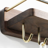 Wood Bathroom Wall Shelf with Towel Bar & Hook — Walnut