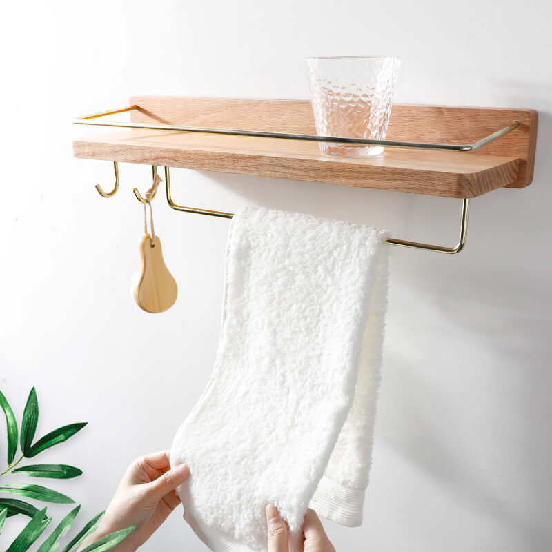 Wood Bathroom Wall Shelf with Towel Bar & Hook — Walnut