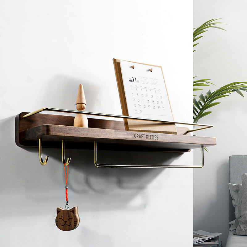 Walnut Wall Shelf With Towel Bar & Hook