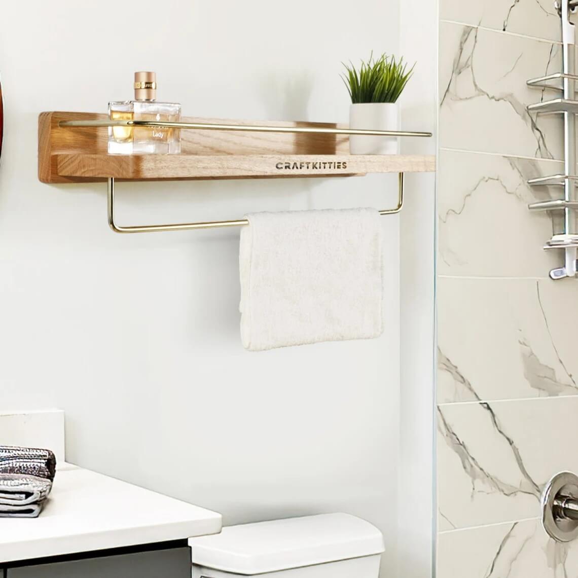 Wood Bathroom Wall Shelf with Towel Bar