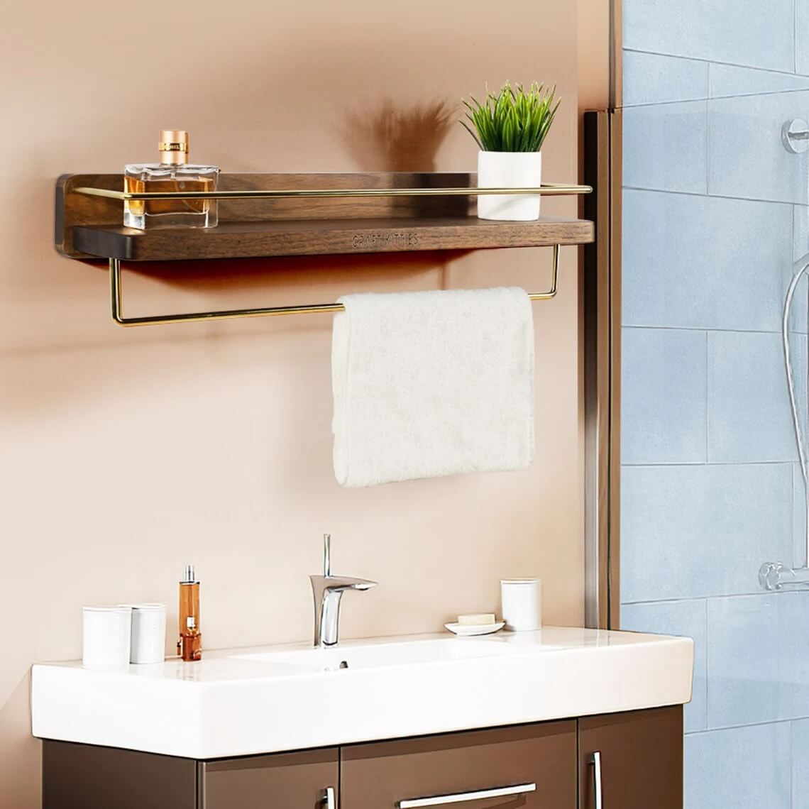 Wood Bathroom Wall Shelf with Towel Bar