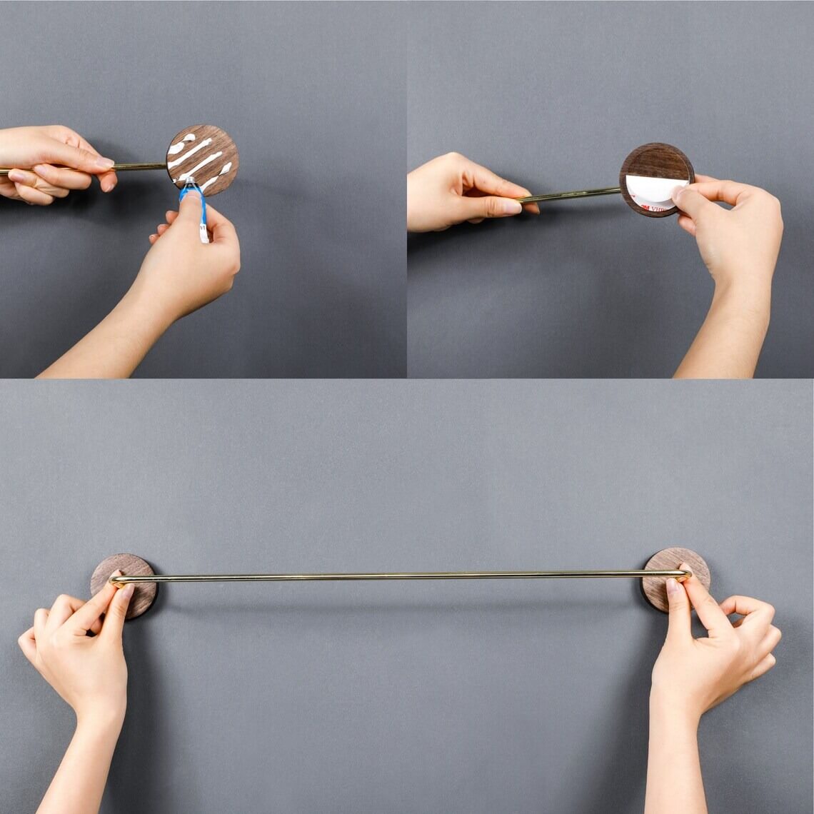 Wood & Brass Towel Rack Wall Mounted Set — Bathroom & Kitchen
