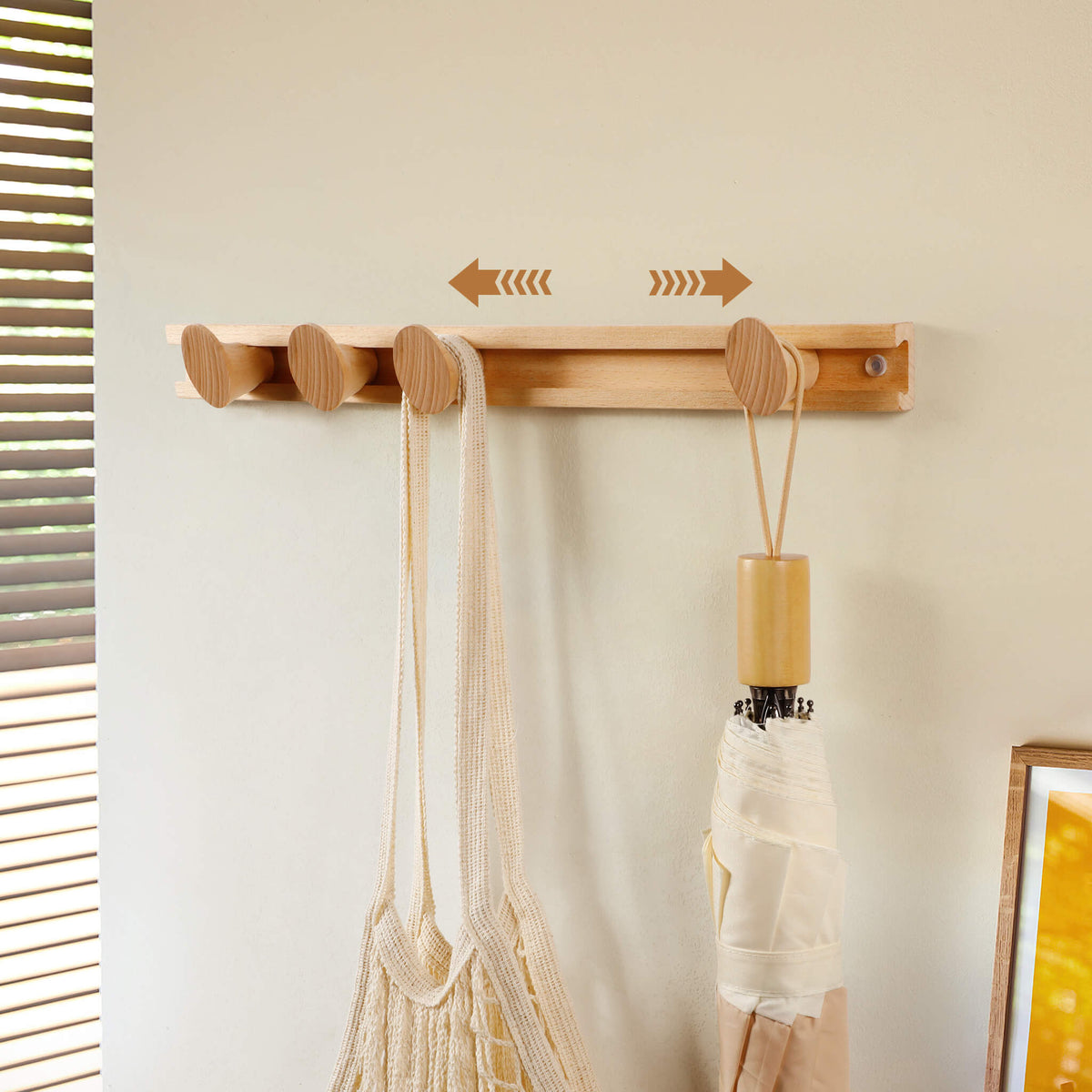 Beech Wood Sliding Wall Coat Rack — 4 Adjustable Hooks