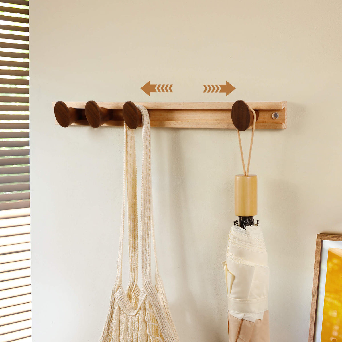 Beech Wood Sliding Wall Coat Rack — 4 Adjustable Hooks