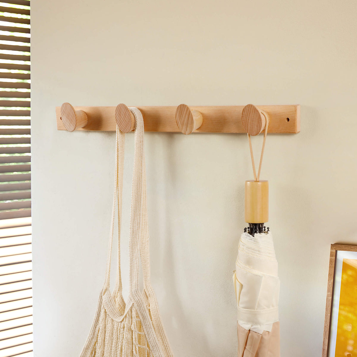 Beech Wood Wall-Mounted Coat Rack with 4 Double Hooks