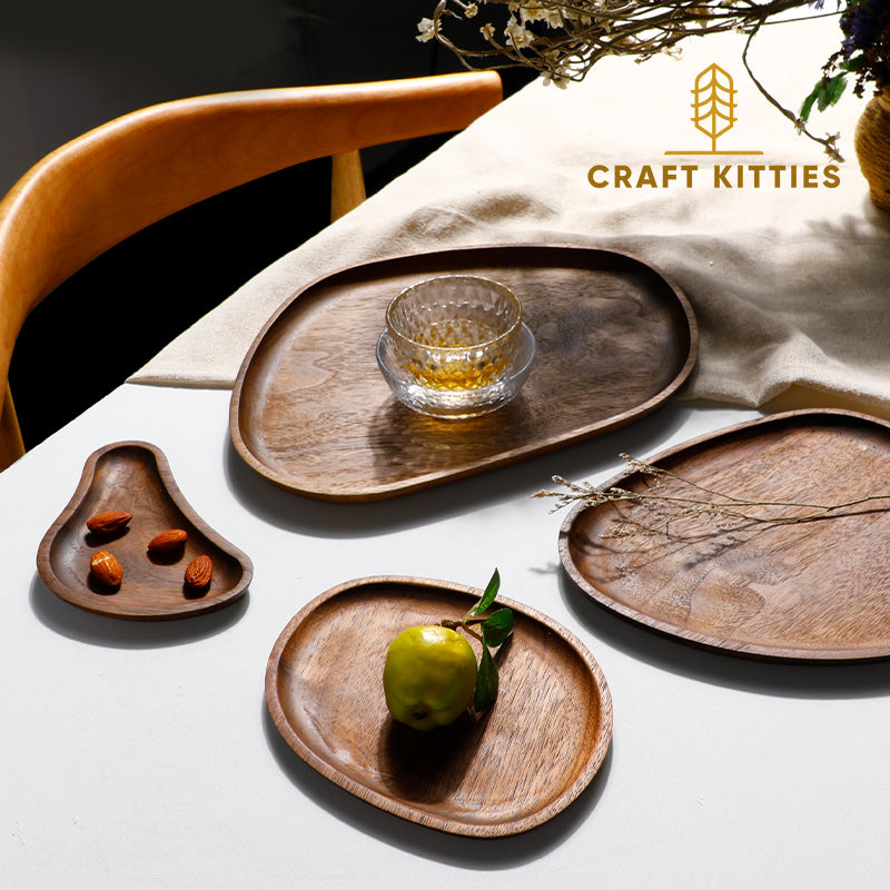 Walnut Wooden Coffee Dessert Tray 4 In 1 Set