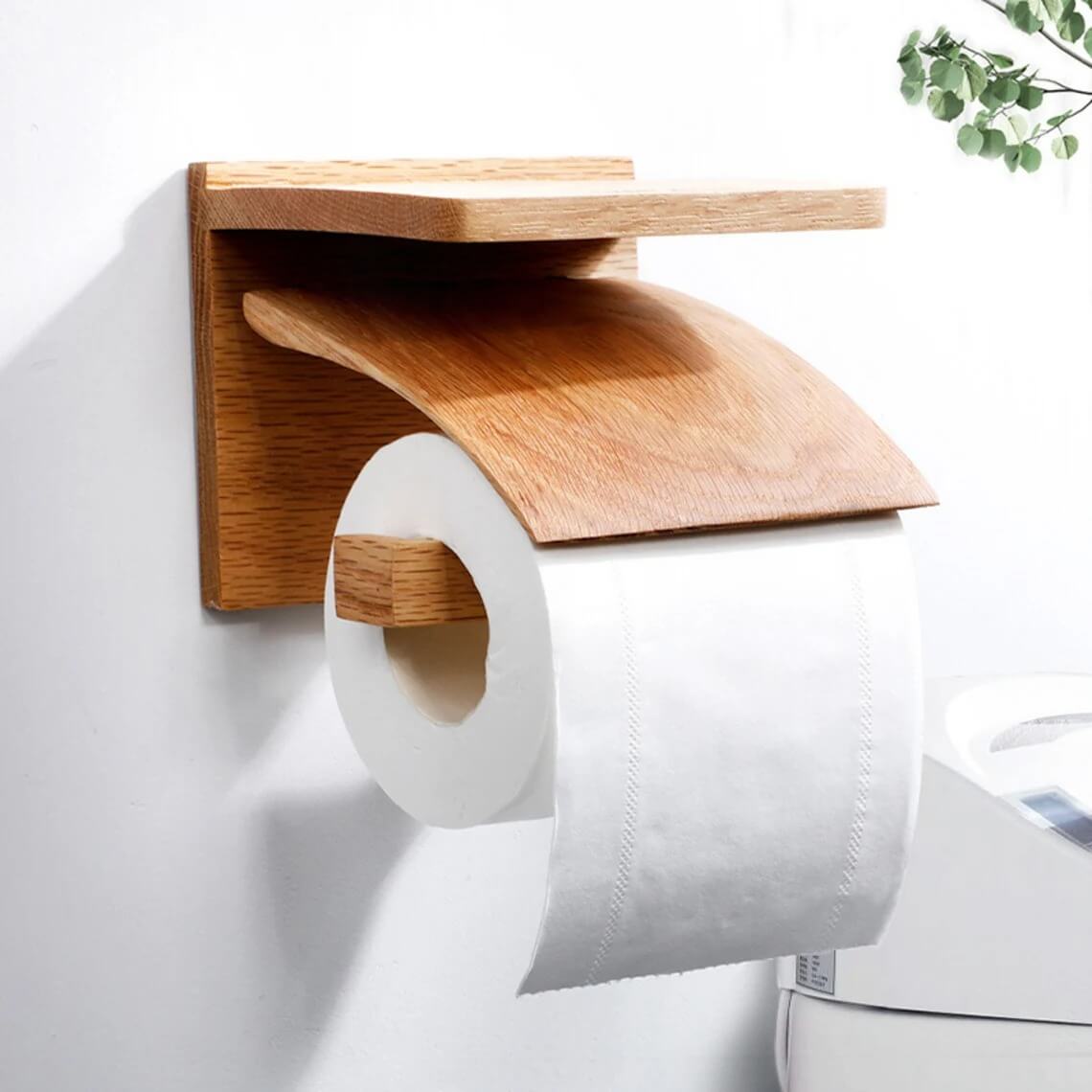 Walnut Wood Toilet Paper Holder — Wall Mount with Shelf