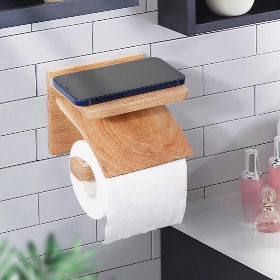 Red Oak Wood Toilet Paper Holder Wall Mount