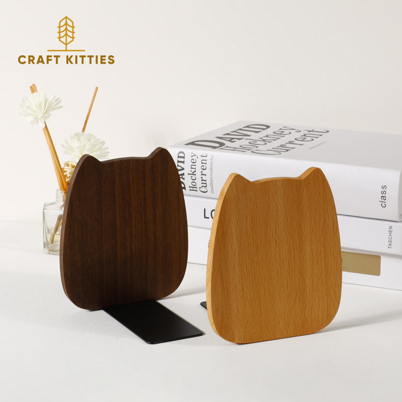 Wooden Cat Bookends — Handmade Solid Walnut