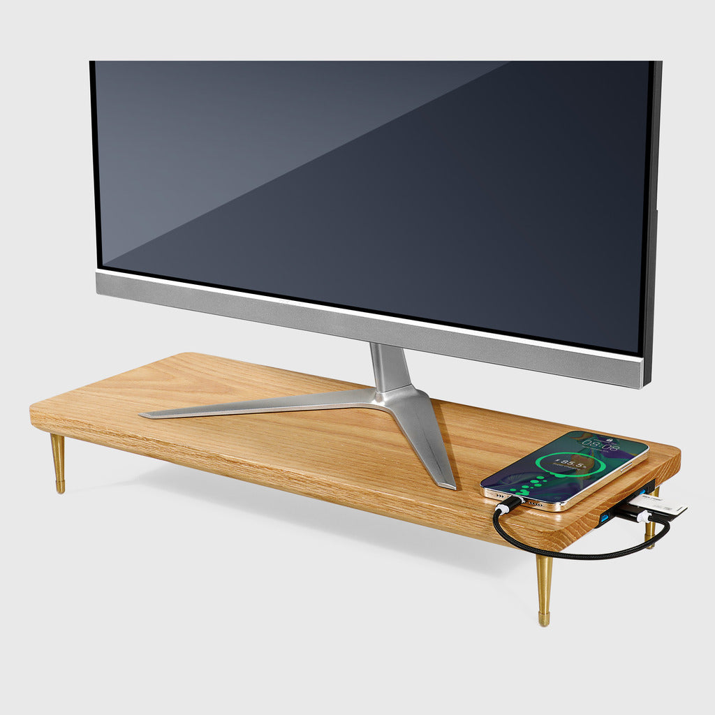Red Oak Wood Monitor Stand With USB Ports