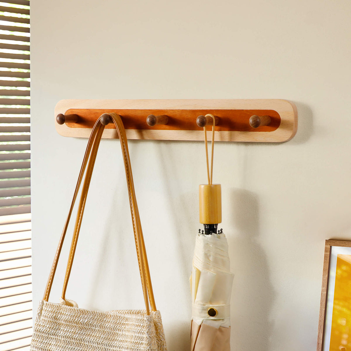 Two-Tone Beech & Walnut Wall Hook Rack — 2 to 6 Hooks