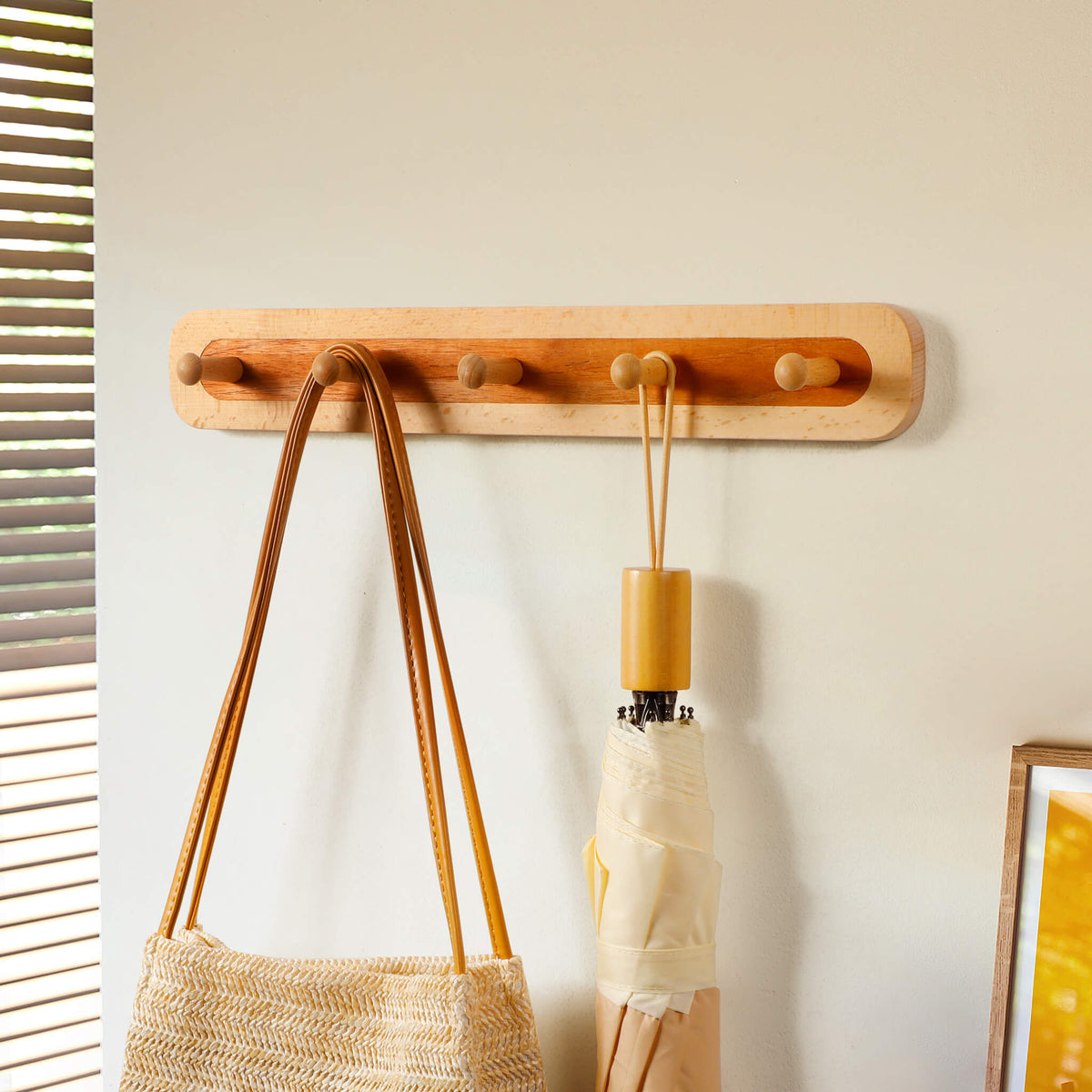 Two-Tone Beech & Walnut Wall Hook Rack — 2 to 6 Hooks