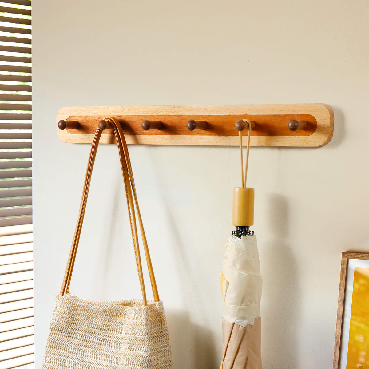 Two-Tone Walnut & Beech Wall Coat Hooks — 4, 5 or 6-Hook Row
