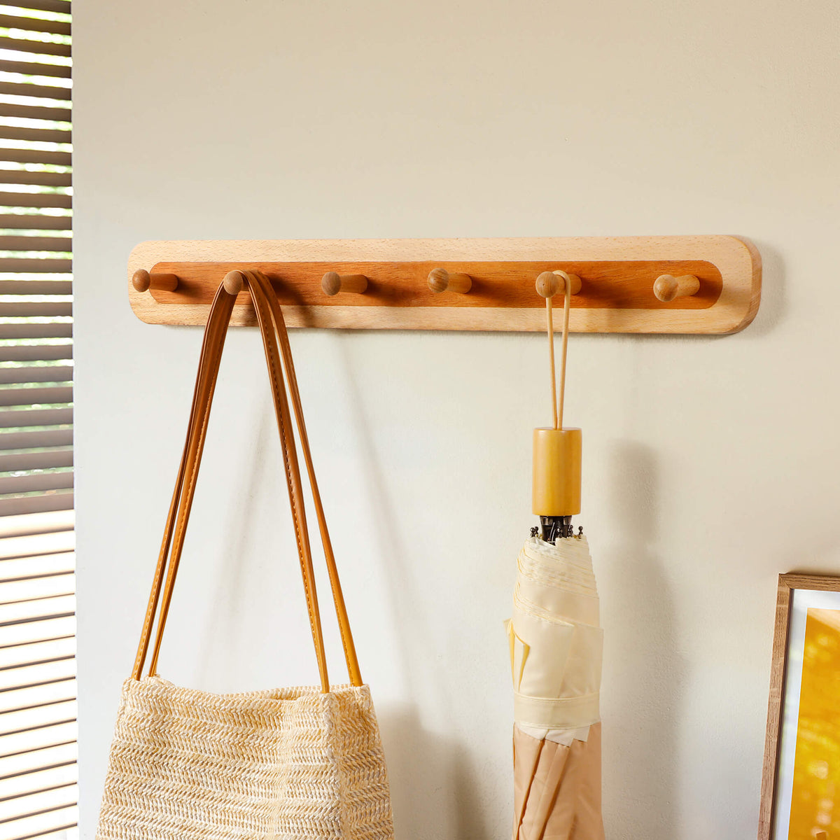 Two-Tone Beech & Walnut Wall Hook Rack — 2 to 6 Hooks