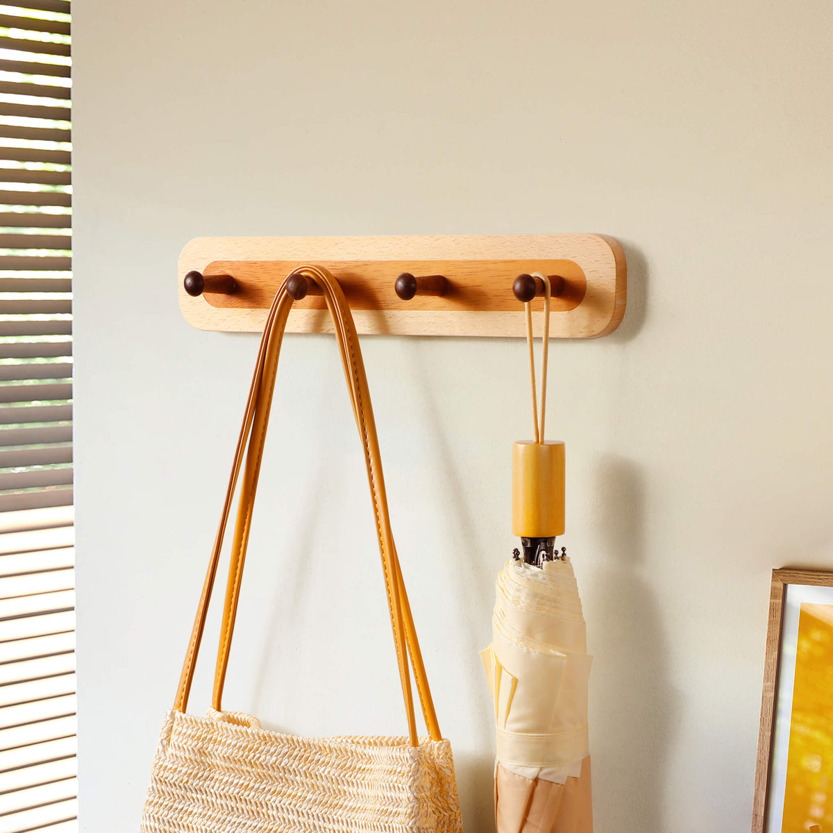 Two-Tone Beech & Walnut Wall Hook Rack — 2 to 6 Hooks