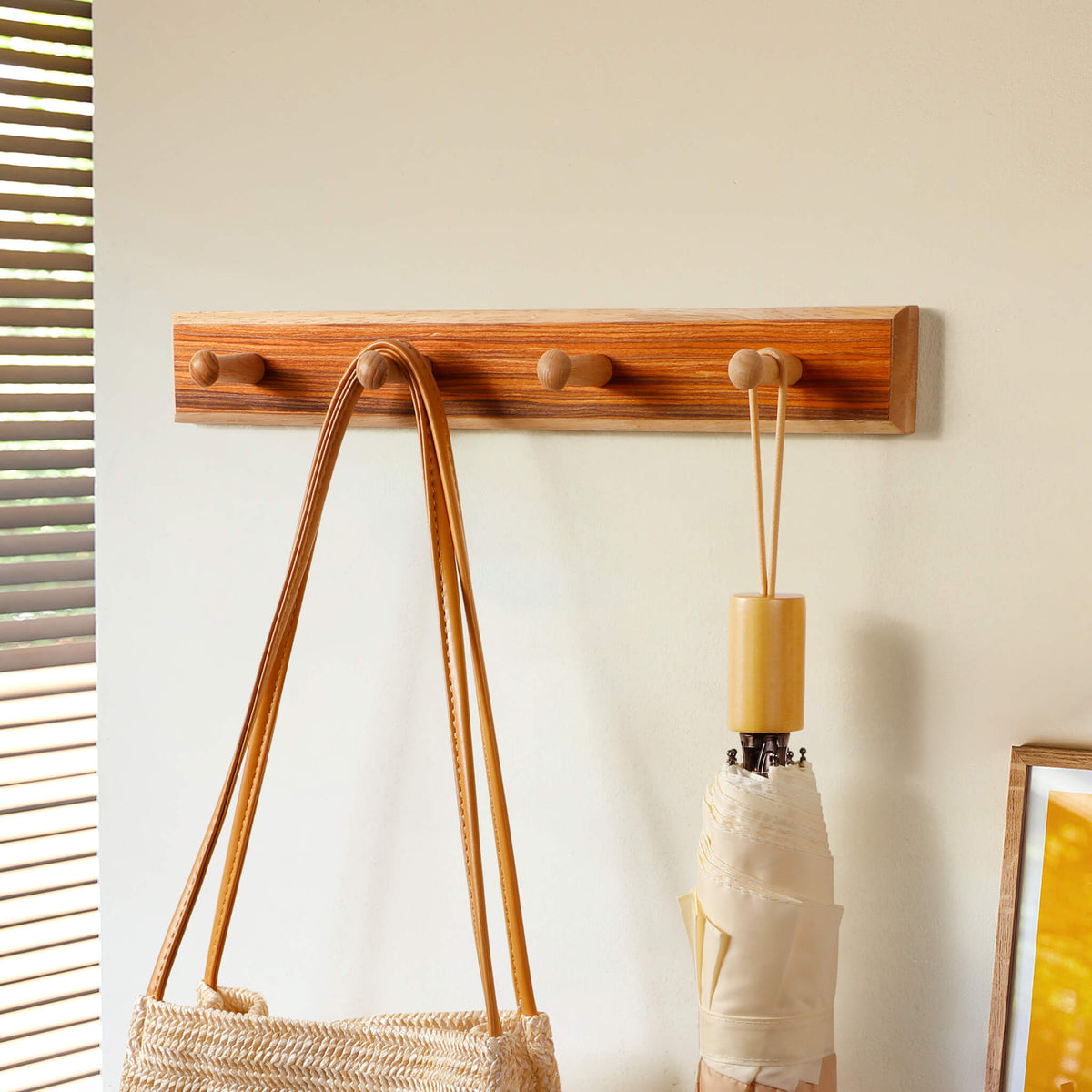 Rubberwood Wall Hook Rack with Brazilian Veneer — 4 to 6 Hooks