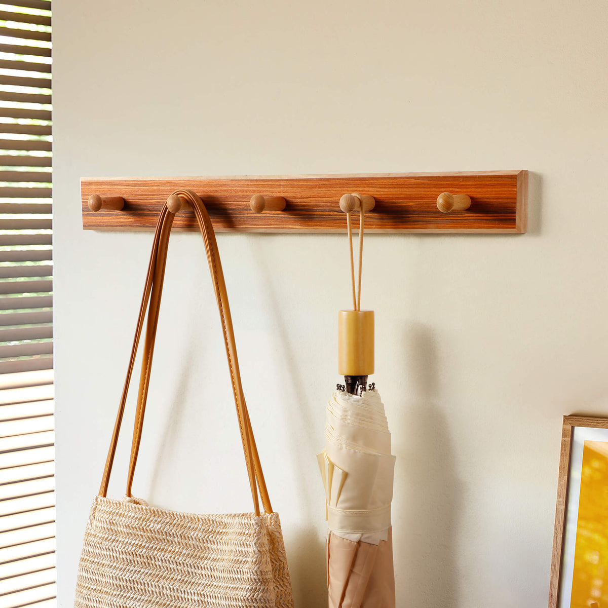 Rubberwood Wall Hook Rack with Brazilian Veneer — 4 to 6 Hooks