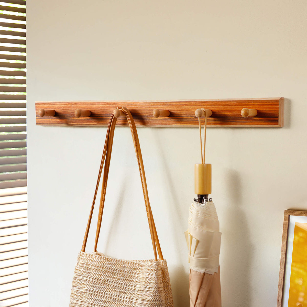 Rubberwood Wall Hook Rack with Brazilian Veneer — 4 to 6 Hooks