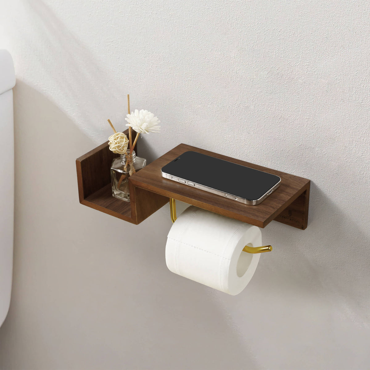 Wood Toilet Paper Holder with Shelf — Red Oak & Walnut