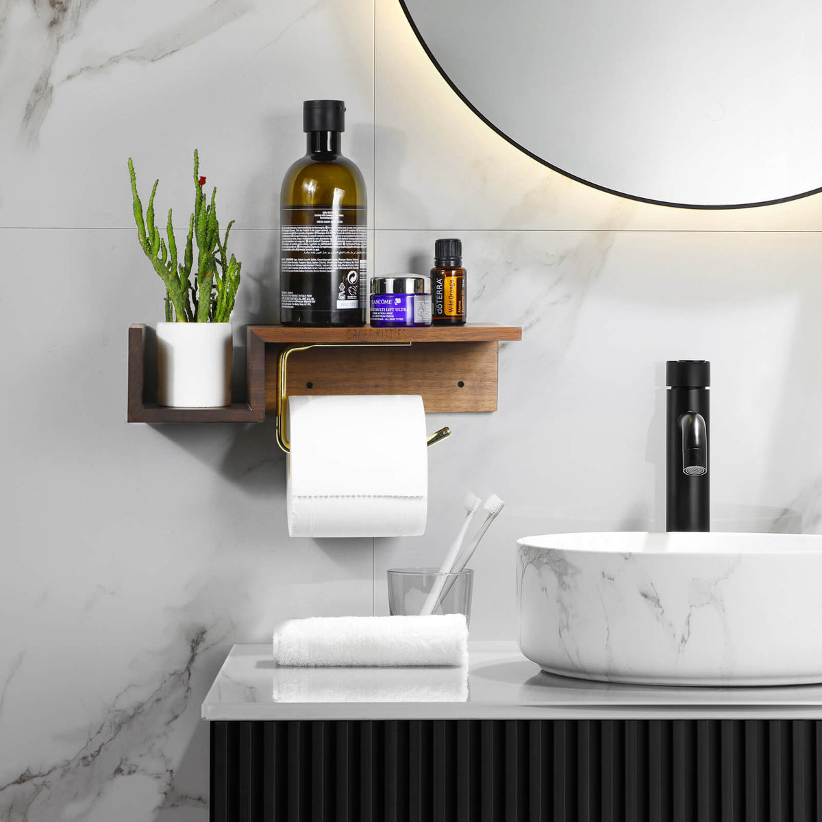 Walnut Toilet Paper Holder With Shelf