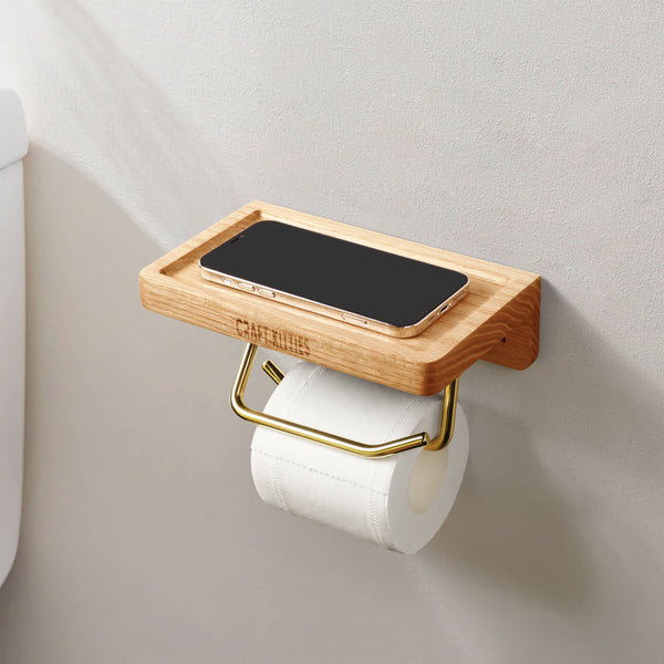 Red Oak Toilet Paper Holder | Double Brass Tube