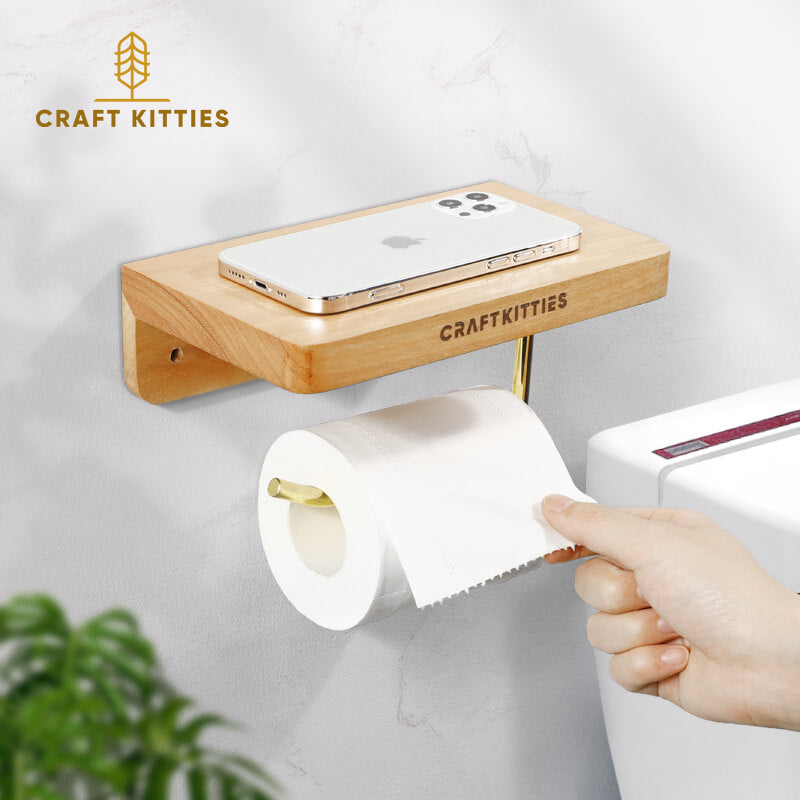 Walnut Toilet Paper Holder — Double Brass Rod with Shelf