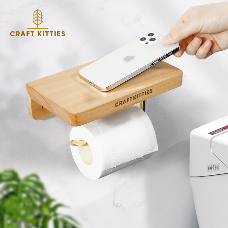 Walnut Toilet Paper Holder — Wall Mount with Shelf