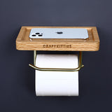 Walnut Toilet Paper Holder — Double Brass Rod with Shelf
