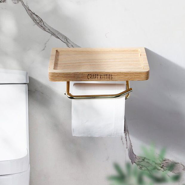 Wall-Mount-Toilet-Paper-Holder-With-Red-Oak-Wooden-Shelf-For-Bathroom-Double-Brass-Tube