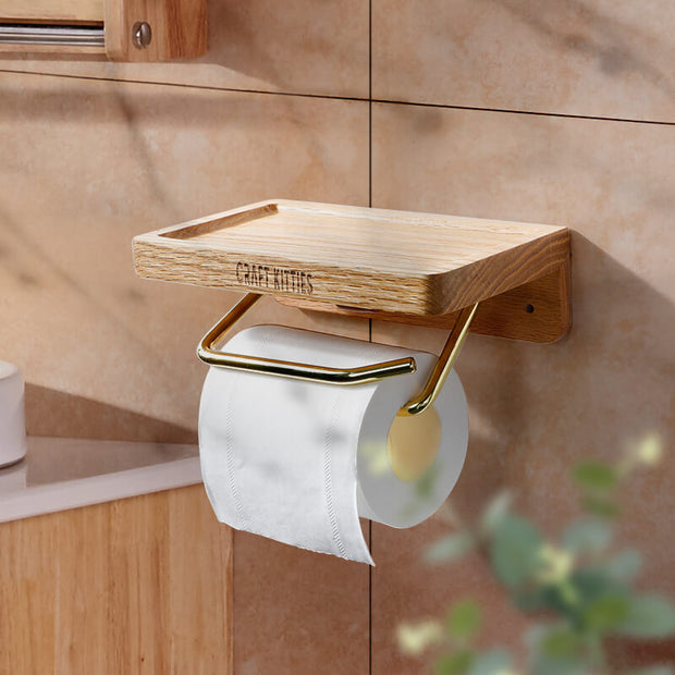 Wall-Mount-Toilet-Paper-Holder-With-Red-Oak-Wooden-Shelf-For-Bathroom-Double-Brass-Tube
