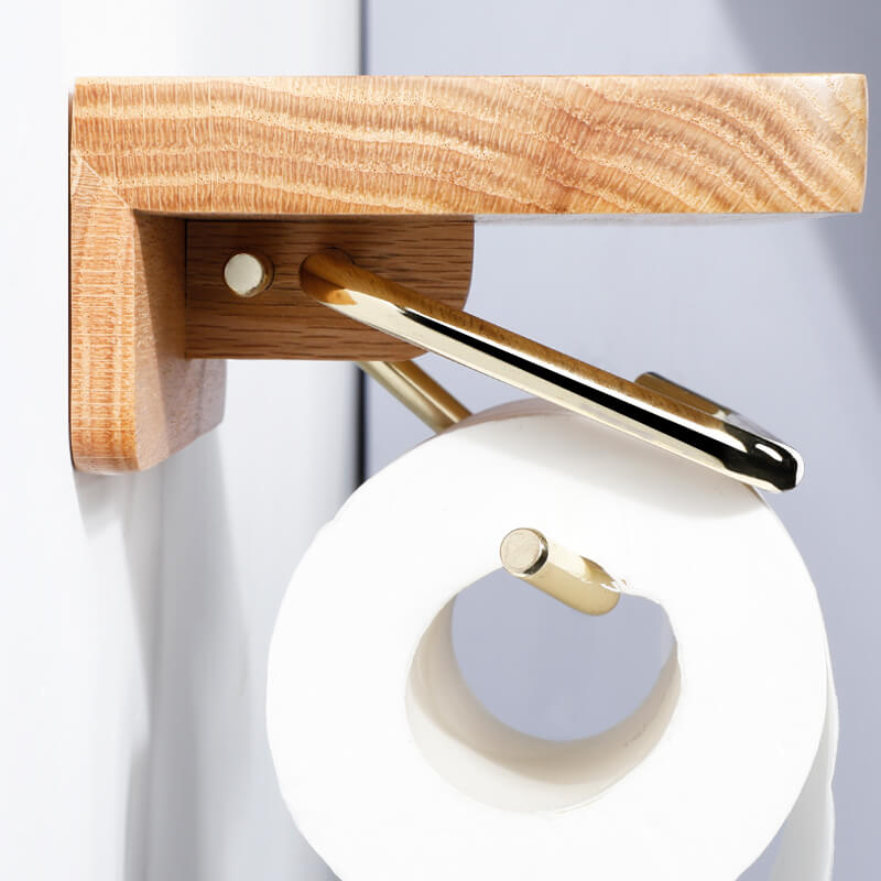 Walnut Toilet Paper Holder — Double Brass Rod with Shelf
