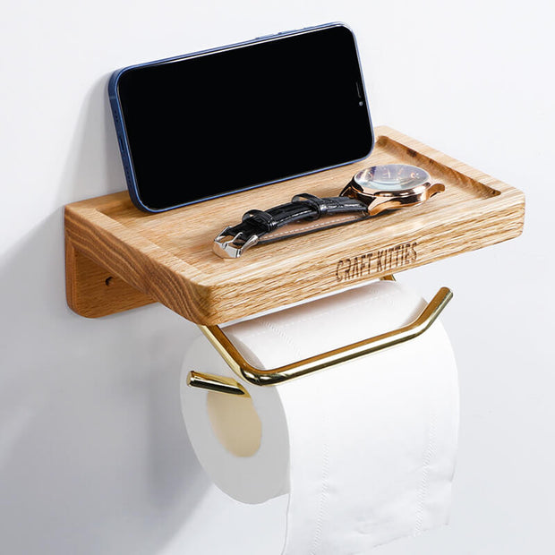 Wall-Mount-Toilet-Paper-Holder-With-Red-Oak-Wooden-Shelf-For-Bathroom-Double-Brass-Tube