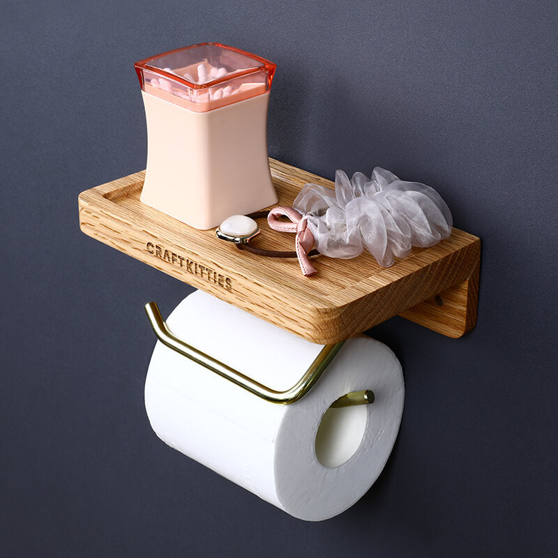 Red Oak & Walnut Toilet Paper Holder with Shelf — Brushed Gold