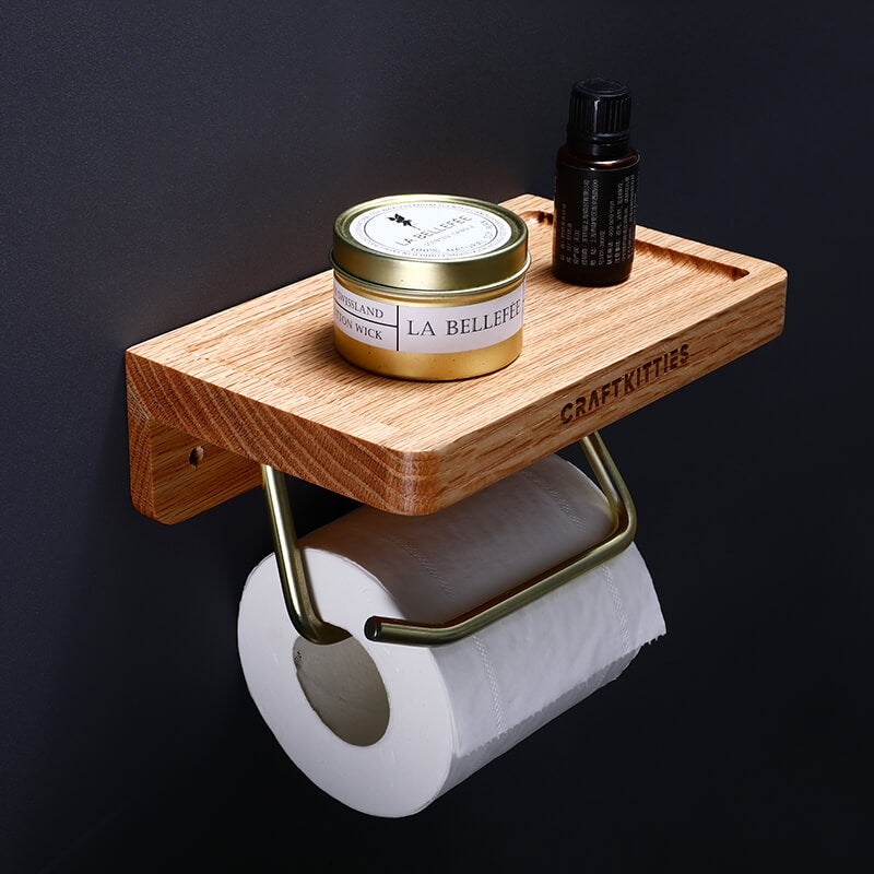 Walnut Toilet Paper Holder — Double Brass Rod with Shelf