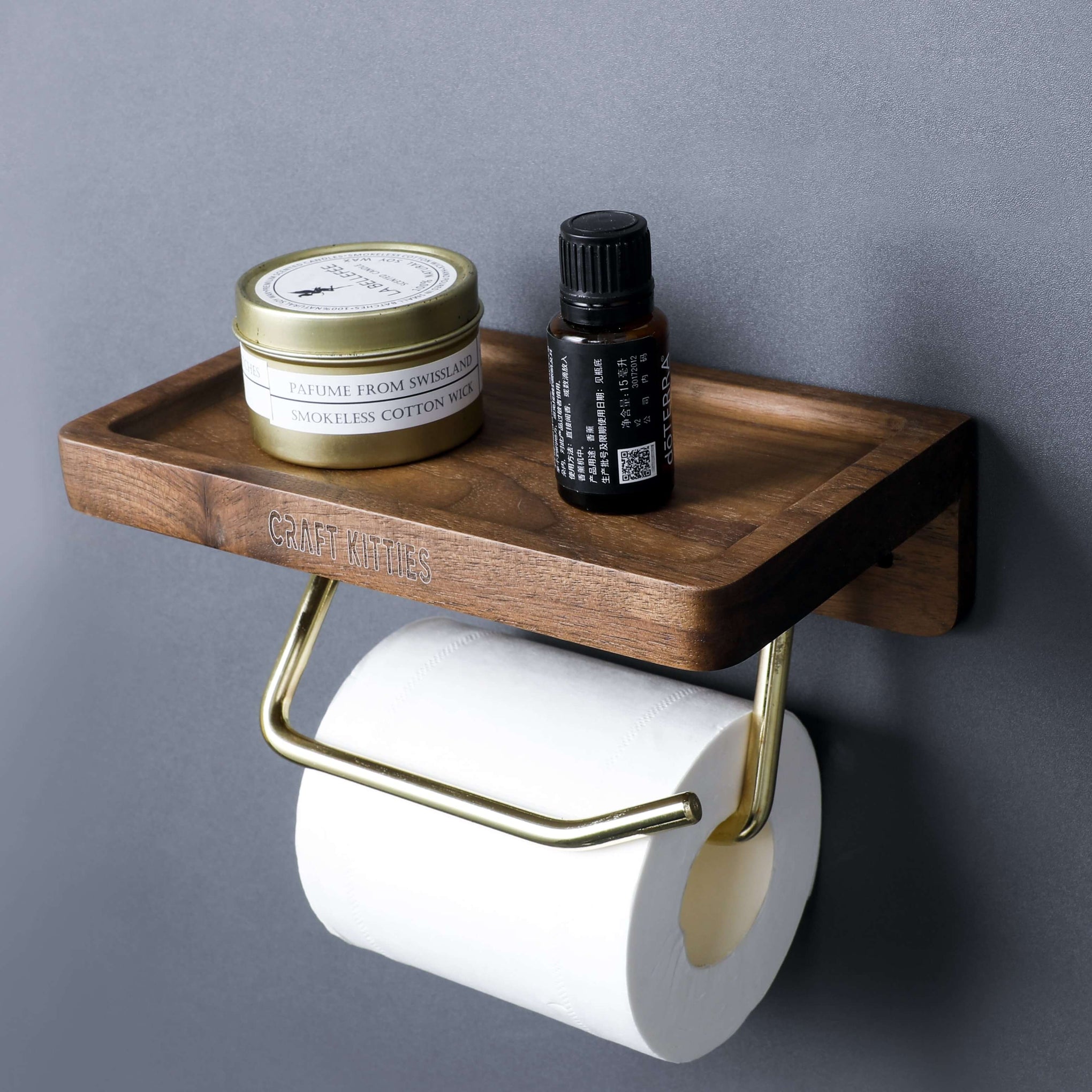 Antique Black Walnut Wooden Double Toilet Paper Holder, Brushed Brass Wall  Mounted Rustic Paper Towel Holder with Shelf