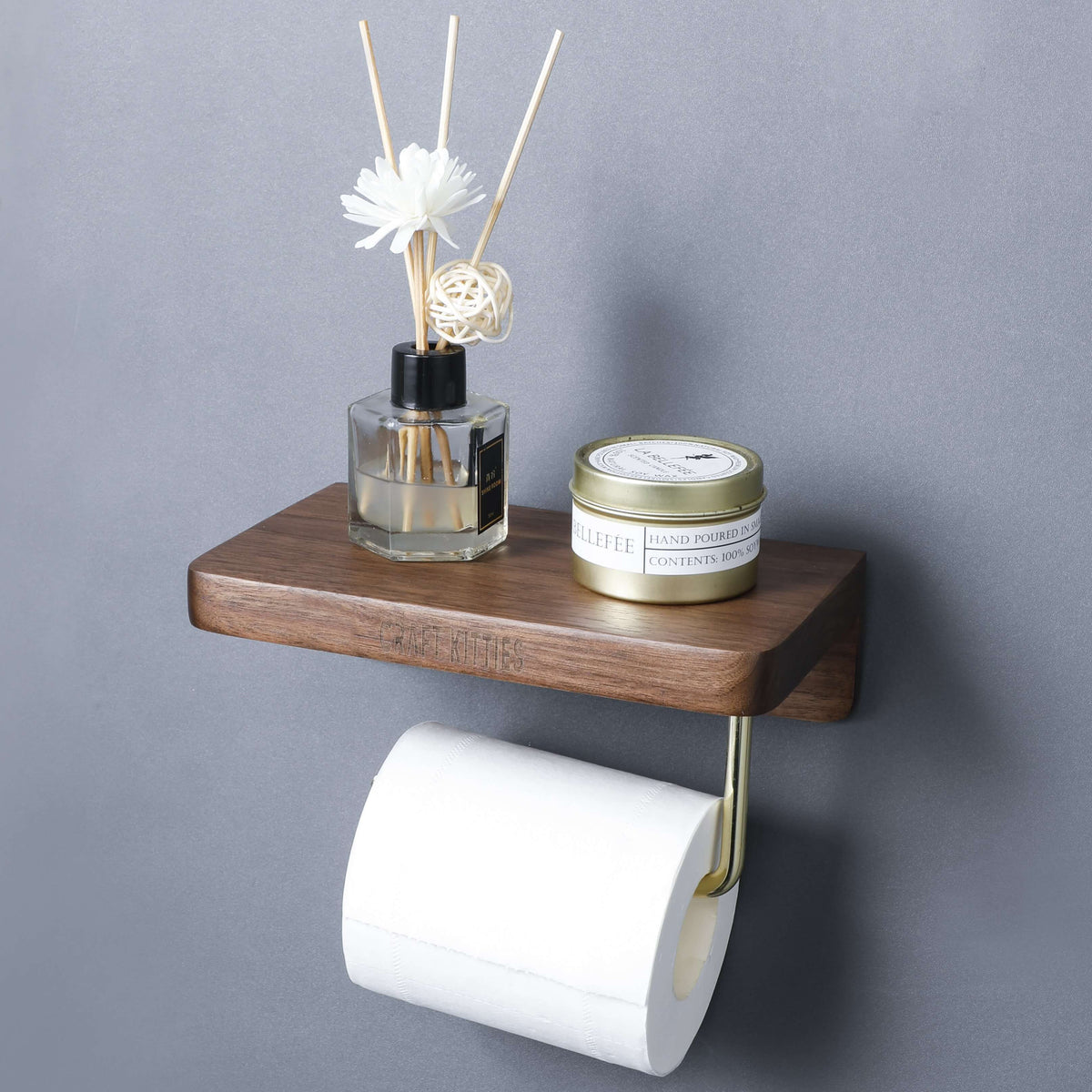 Walnut Toilet Paper Holder — Double Brass Rod with Shelf